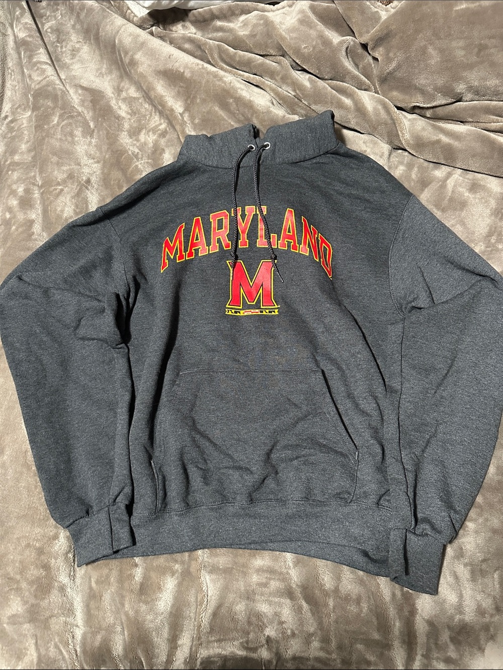 Champion Charcoal Gray Hoodie with Red and Yellow Accent Logo
